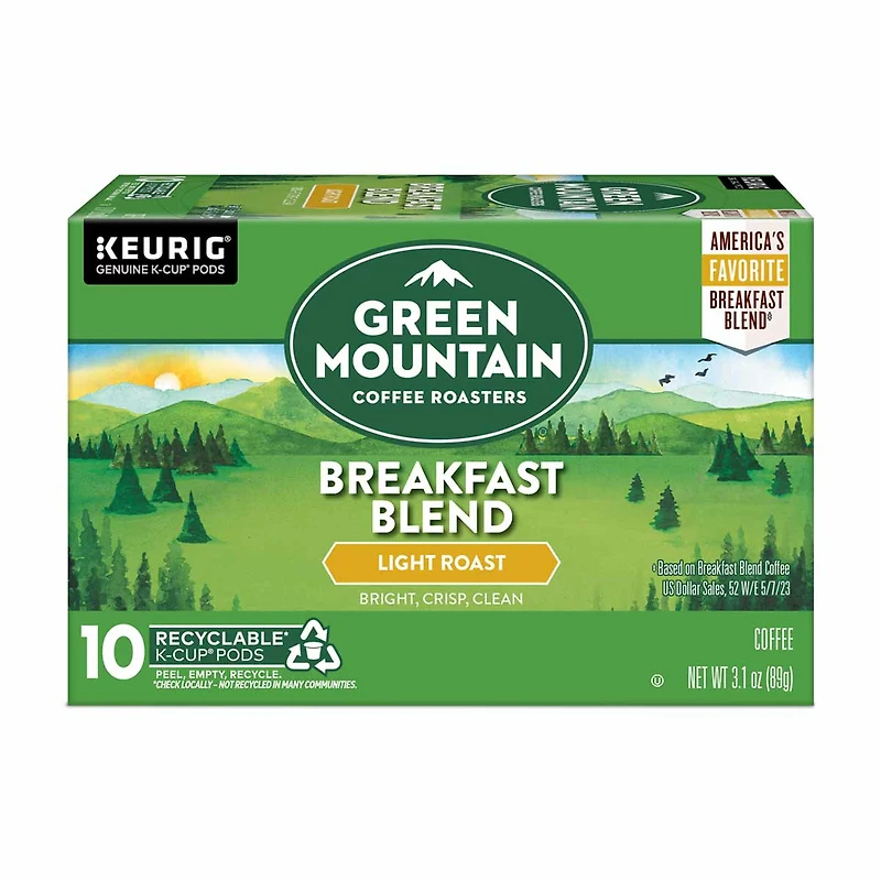 Green Mountain Coffee Roasters Breakfast Blend K-Cup Pods, Light Roast, 10 ct