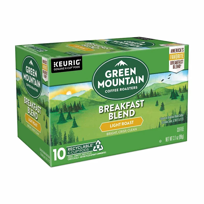 Green Mountain Coffee Roasters Breakfast Blend K-Cup Pods, Light Roast, 10 ct