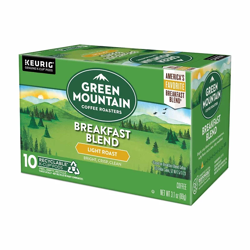 Green Mountain Coffee Roasters Breakfast Blend K-Cup Pods, Light Roast, 10 ct