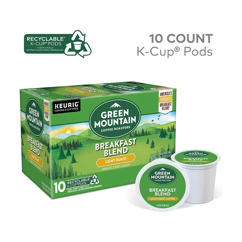 Green Mountain Coffee Roasters Breakfast Blend K-Cup Pods, Light Roast, 10 ct