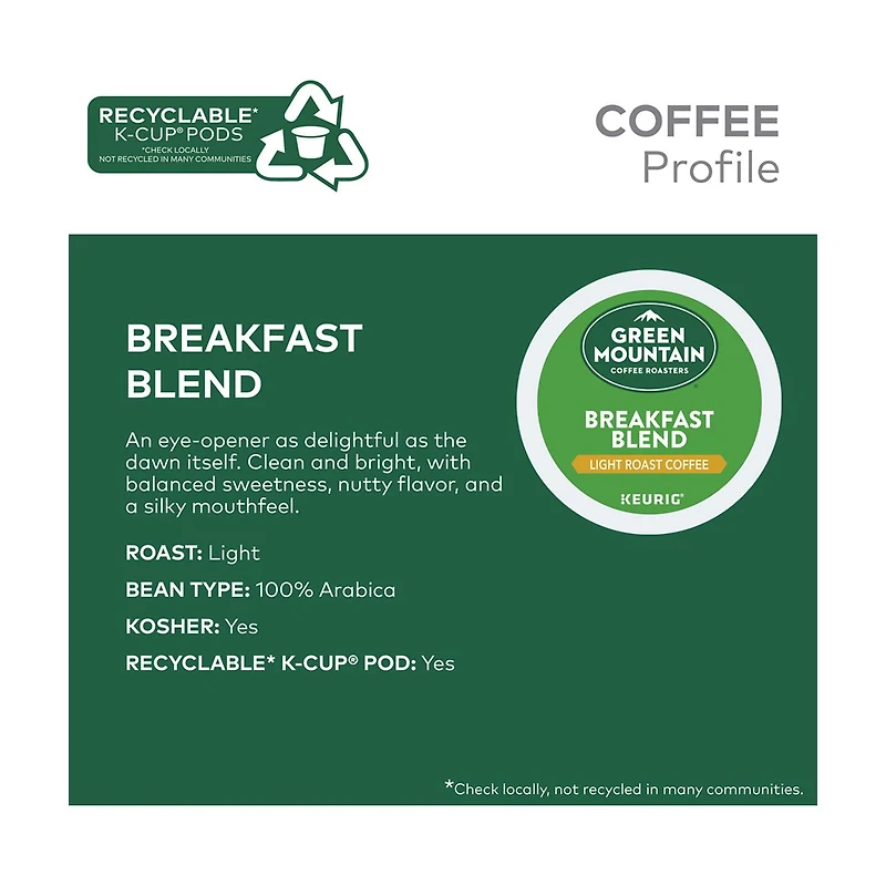 Green Mountain Coffee Roasters Breakfast Blend K-Cup Pods, Light Roast, 10 ct