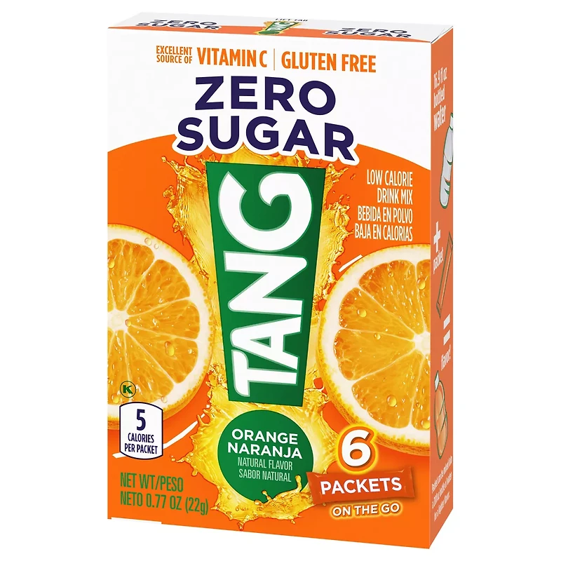 Tang Zero Sugar Orange Naturally Flavored Powdered Soft Drink Mix, 6 ct On-the-Go Packets