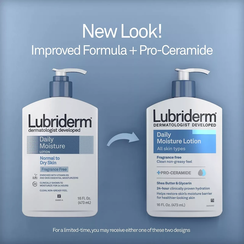 Lubriderm Fragrance Free Daily Moisture Lotion + Pro-Ceramide, Shea Butter & Glycerin, Face, Hand & Body Lotion for Sensitive Skin, Hydrating for Healthier-Looking Skin, 16 fl. oz