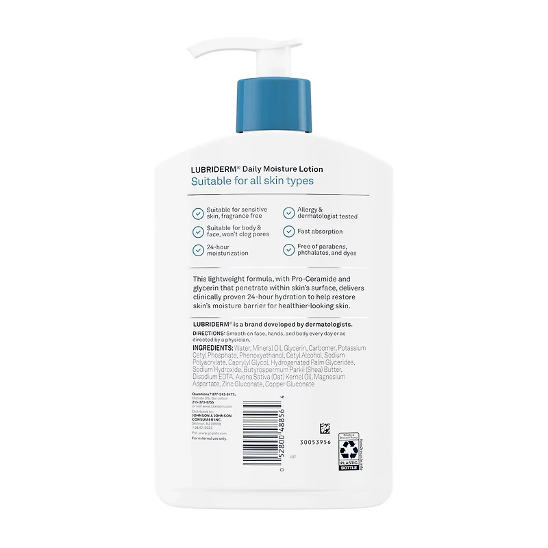 Lubriderm Fragrance Free Daily Moisture Lotion + Pro-Ceramide, Shea Butter & Glycerin, Face, Hand & Body Lotion for Sensitive Skin, Hydrating for Healthier-Looking Skin, 16 fl. oz