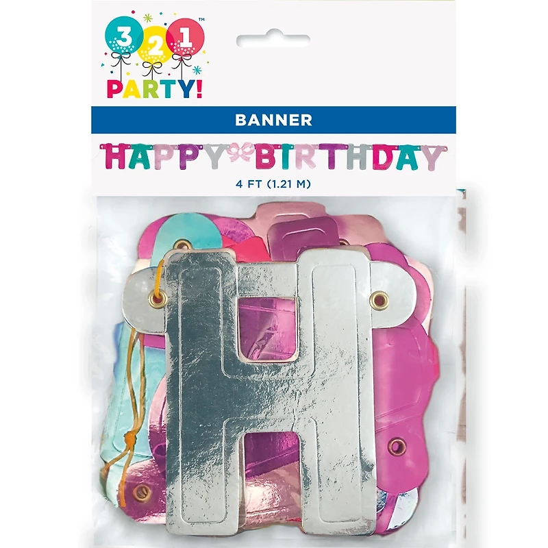 Pink, Purple, & Teal Happy Birthday Banner, 4 Feet