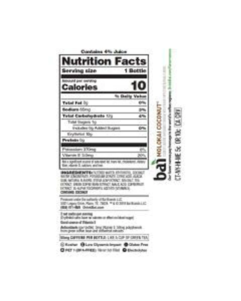 Bai Antioxidant Infused Flavored Water, Molokai Coconut, 18 fl oz