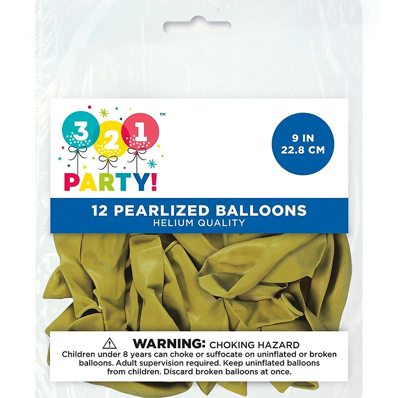 9" Pearlized Latex Balloons, 12 Count, Gold