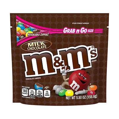 M&M'S Milk Chocolate Candy Grab & Go Size Bag, 5.5 oz