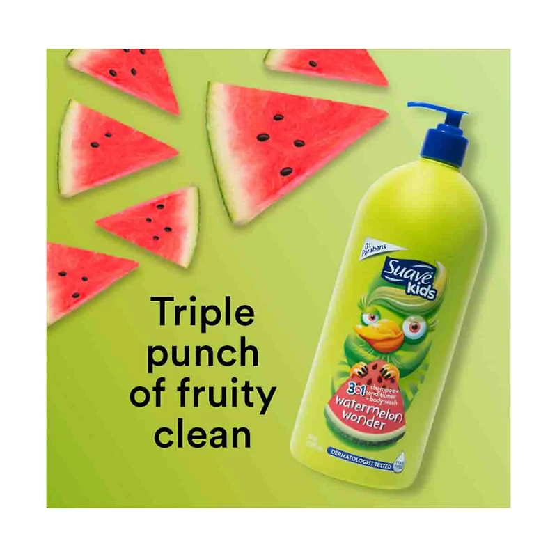 Suave Kids Watermelon Wonder 3 in 1 Shampoo Conditioner Body Wash, 40oz