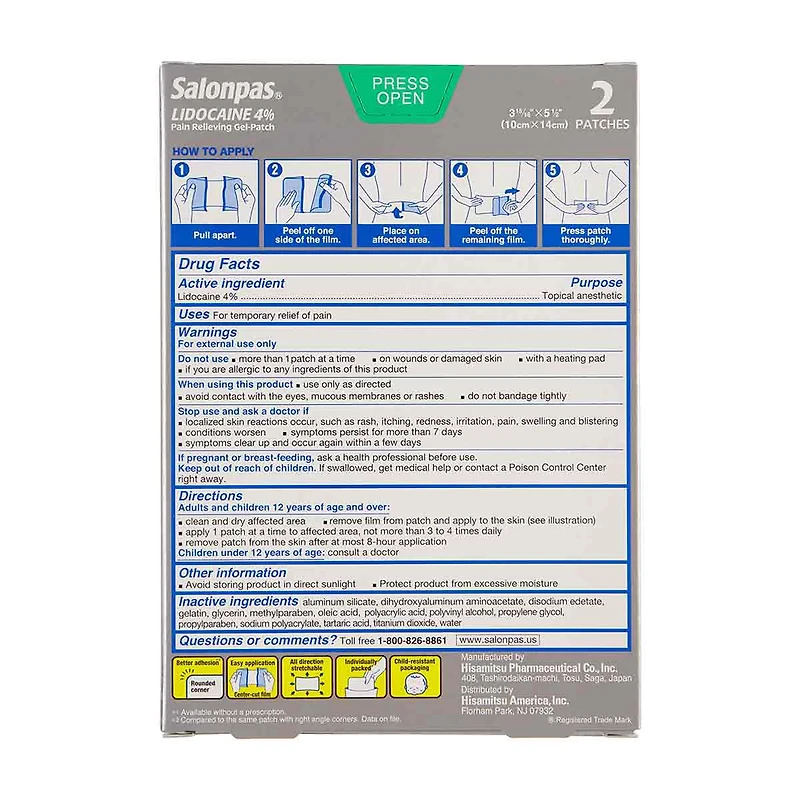 Salonpas Lidocaine Pain Relieving Gel Patch, 2 ct