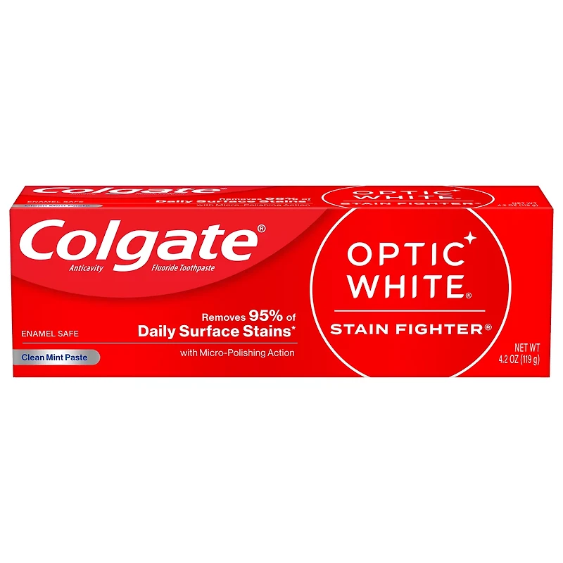 Colgate Optic White Stain Fighter Teeth Whitening Toothpaste, Clean Mint, 4.2 oz Tube