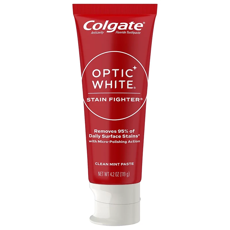 Colgate Optic White Stain Fighter Teeth Whitening Toothpaste, Clean Mint, 4.2 oz Tube