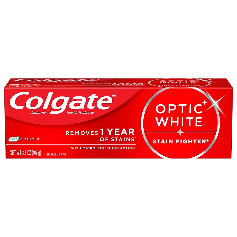 Colgate Optic White Stain Fighter Clean Mint Paste Teeth Whitening Anticavity Toothpaste, 3.8 OZ