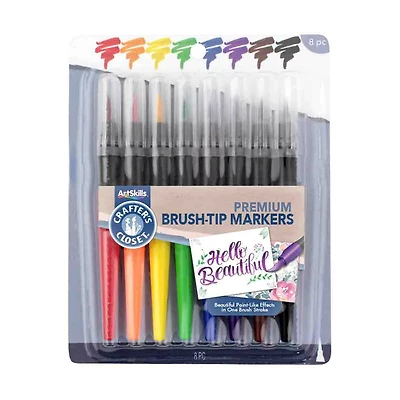 Crafter's Closet Brush Tip Marker Set with Easy Grip Handles, for Drawing, Lettering and Illustrations, 8 Bold Colors
