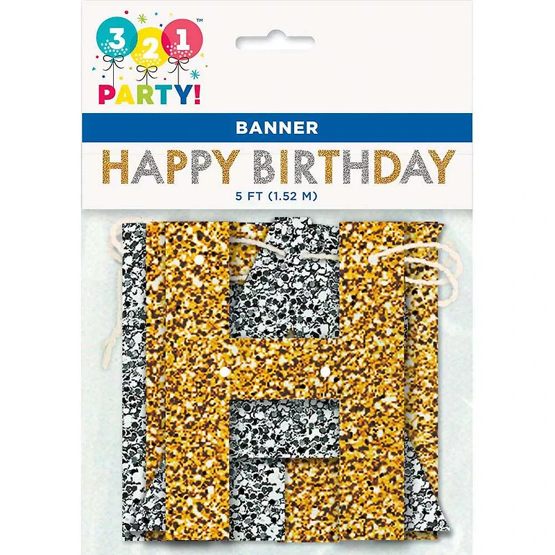 Glitter Gold & Silver Happy Birthday Banner, 5 Feet