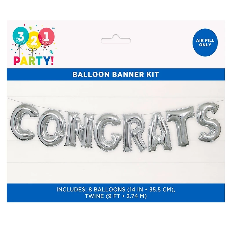 Foil Silver "CONGRATS" Letter Balloon Banner Kit