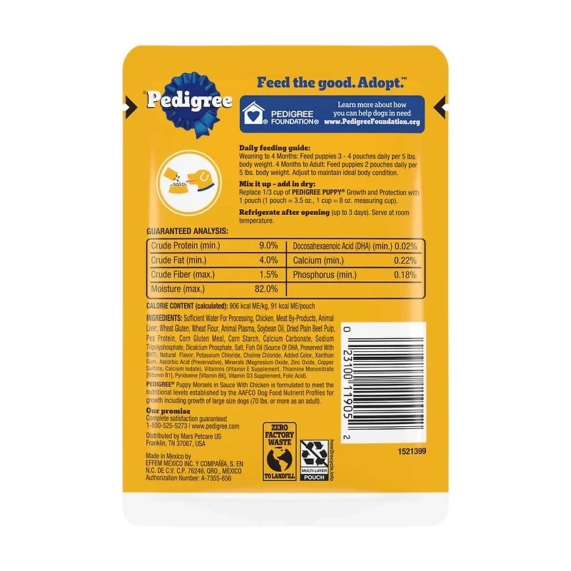 Pedigree Puppy Morsels in Sauce With Chicken Wet Dog Food Pouch, 3.5 oz