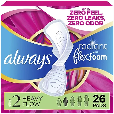 Always Radiant with FlexFoam Pads for Women, Size 2, Heavy Pad with Wings, Scented, 26 Count