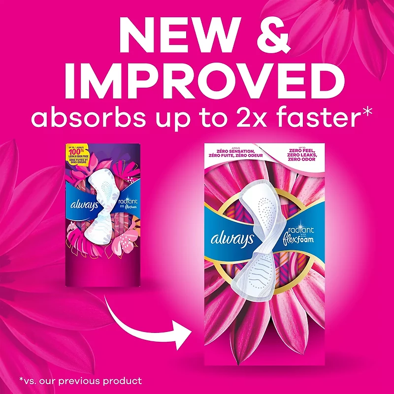 Always Radiant with FlexFoam Pads for Women, Size 2, Heavy Pad with Wings, Scented, 26 Count
