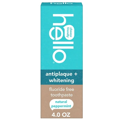 hello Antiplaque and Whitening Fluoride Free Toothpaste, Natural Peppermint, 4 oz