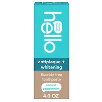 hello Antiplaque and Whitening Fluoride Free Toothpaste, Natural Peppermint, 4 oz
