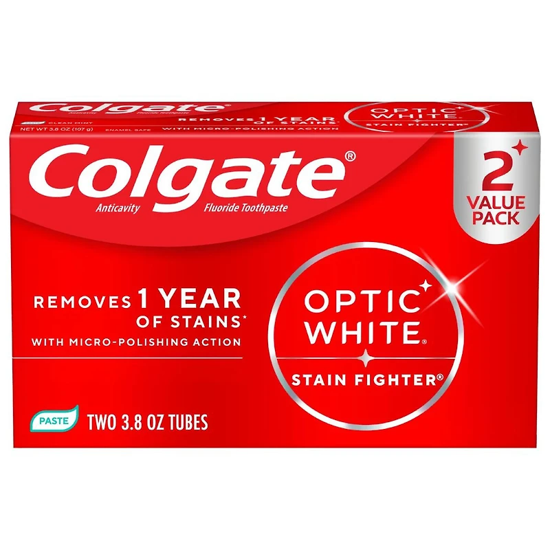 Colgate Optic White Stain Fighter Clean Mint Paste Teeth Whitening Anticavity Toothpaste, 2 Pack, 3.8 oz