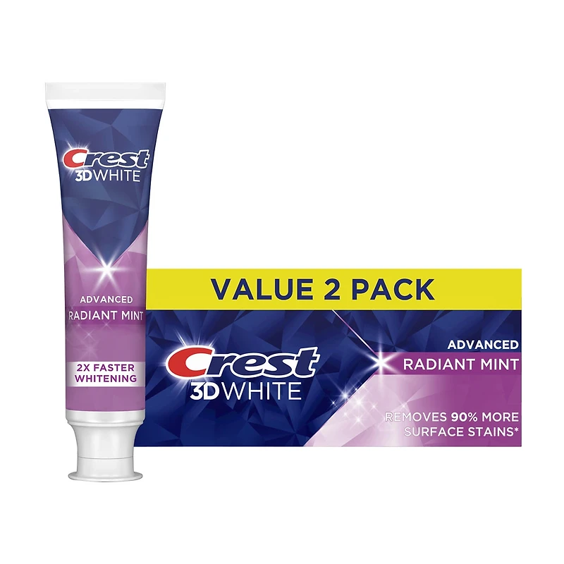 Crest 3DWhite Advanced Teeth Whitening Toothpaste, Radiant Mint, 3.3 oz, 2 pk