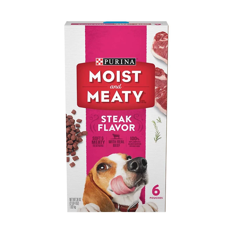 Purina Moist and Meaty Steak Flavor Soft Dog Food Pouches, 6 ct
