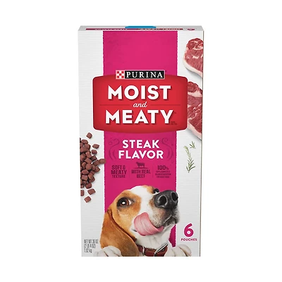 Purina Moist and Meaty Steak Flavor Soft Dog Food Pouches, 6 ct