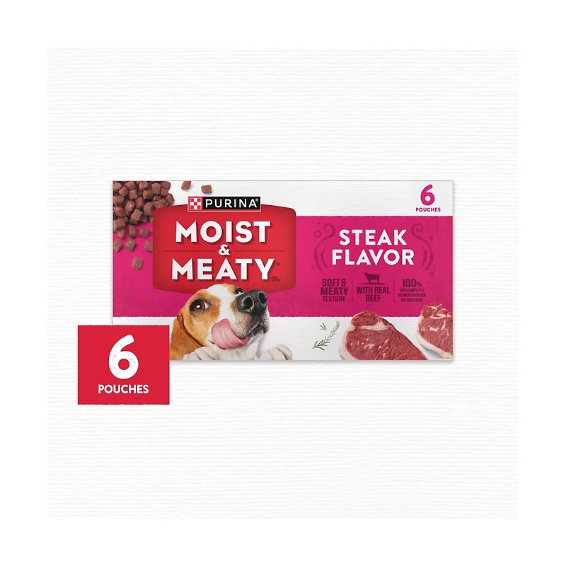 Purina Moist and Meaty Steak Flavor Soft Dog Food Pouches, 6 ct