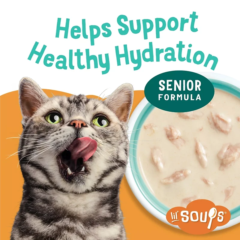 Lickable grain free cat treats made with real tuna and intended as a complement to your senior cat's complete and balanced diet