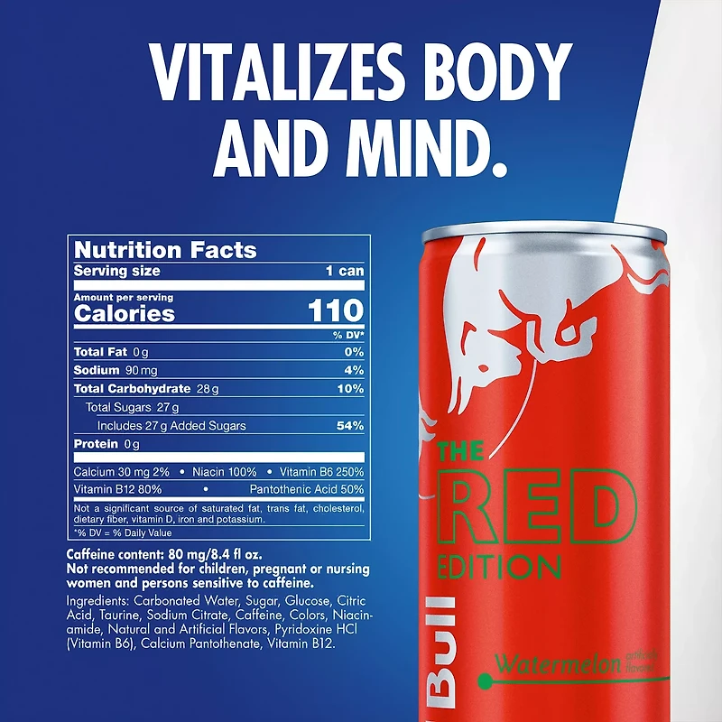 Red Bull Red Edition Energy Drink, Watermelon, 8.4 fl. oz. Can, 80mg Caffeine, Taurine & B Vitamins