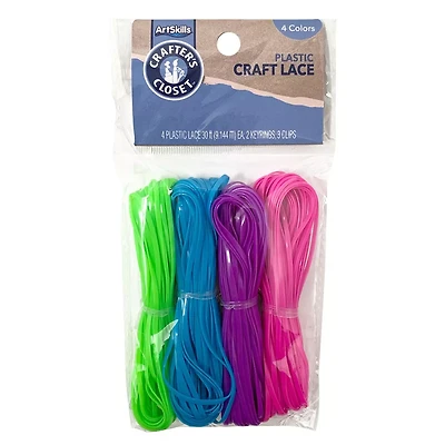 Crafter's Closet Plastic Craft Lacing Kit with 4 Bright Colors, 1 Keyrings and 3 Clips for Lanyards, Bracelets and Crafts