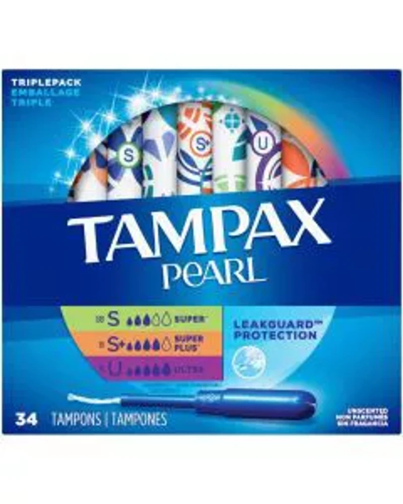 Tampax Pearl Tampons, Super/Super Plus/Ultra Absorbency with LeakGuard Braid, Triple Pack, Unscented, 34 Count