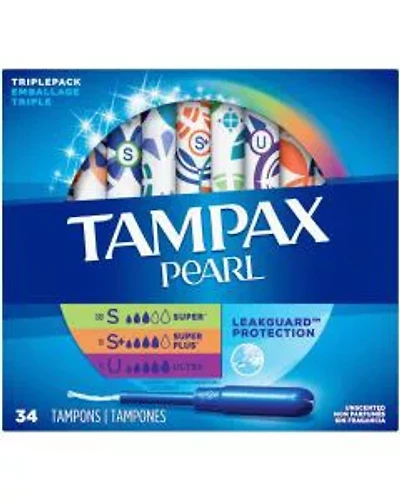 Tampax Pearl Tampons, Super/Super Plus/Ultra Absorbency with LeakGuard Braid, Triple Pack, Unscented, 34 Count