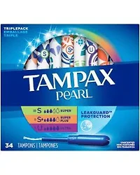 Tampax Pearl Tampons, Super/Super Plus/Ultra Absorbency with LeakGuard Braid, Triple Pack, Unscented, 34 Count