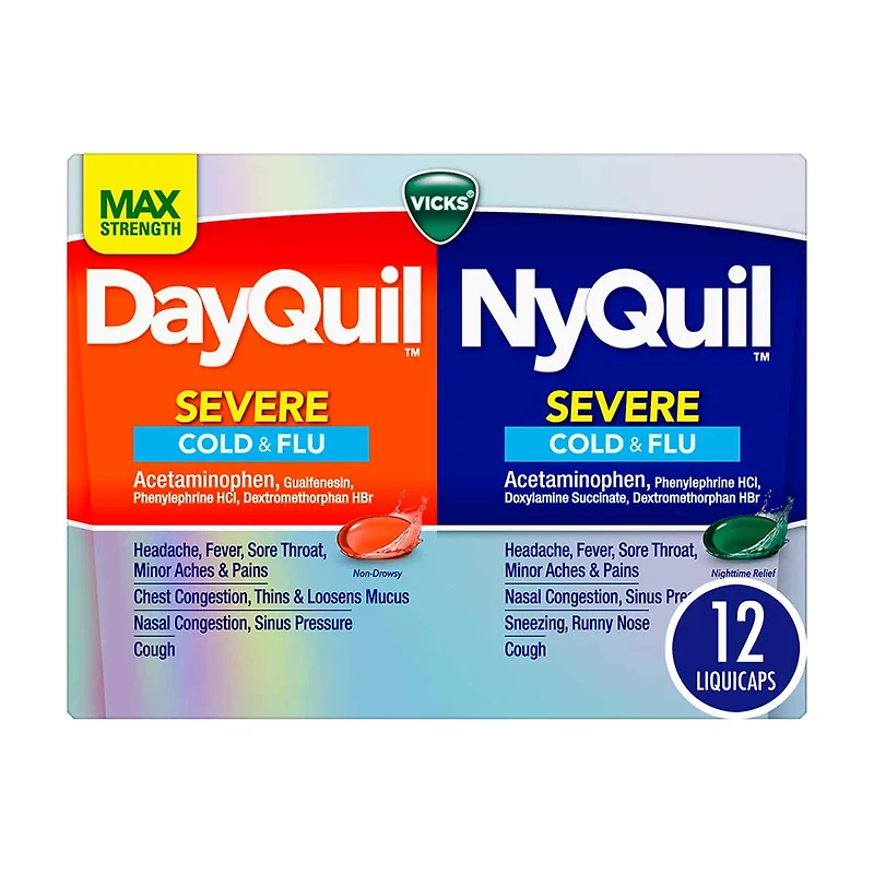Vicks DayQuil & NyQuil SEVERE Co-Pack, Cold & Flu Over-the-Counter Medicine, 12 ct