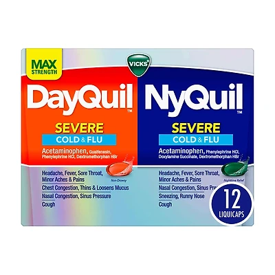 Vicks DayQuil & NyQuil SEVERE Co-Pack, Cold & Flu Over-the-Counter Medicine, 12 ct