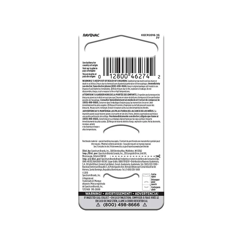 Rayovac Size 2016 3V Lithium Coin Cell Batteries, 1-Pack
