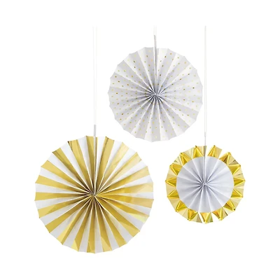 Foil Gold & White Paper Fan Decorations, Assorted, 3 Count