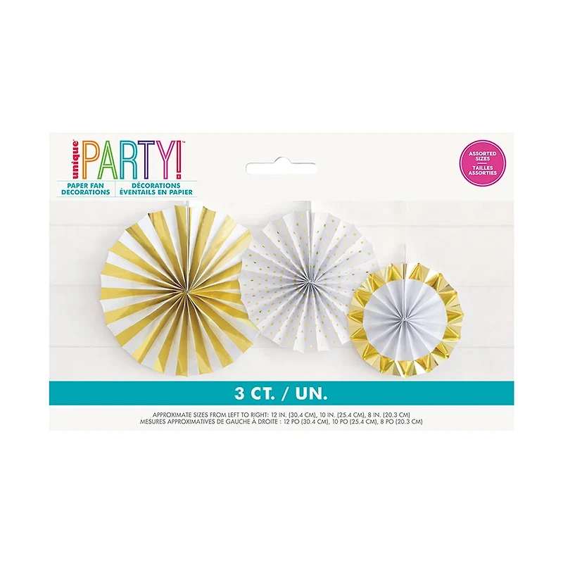 Foil Gold & White Paper Fan Decorations, Assorted, 3 Count