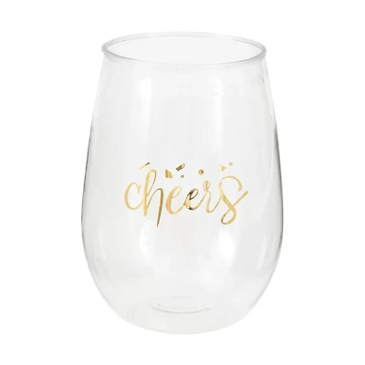 Gold "Cheers" Stemless Plastic Wine Glass, 15oz