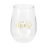 Gold "Cheers" Stemless Plastic Wine Glass, 15oz
