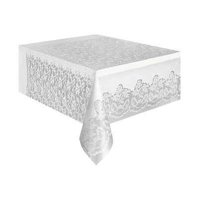 321 Party! Plastic White Lace Printed Tablecloth, 108 in x 54 in