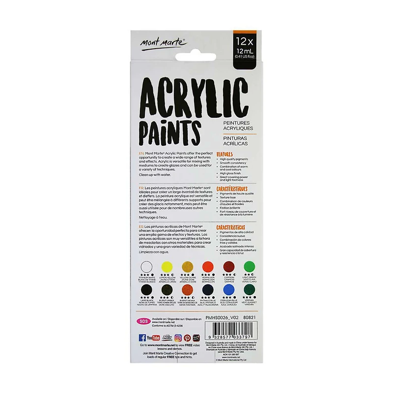 Mont Marte Acrylic Paints 12ml, 12 Pieces