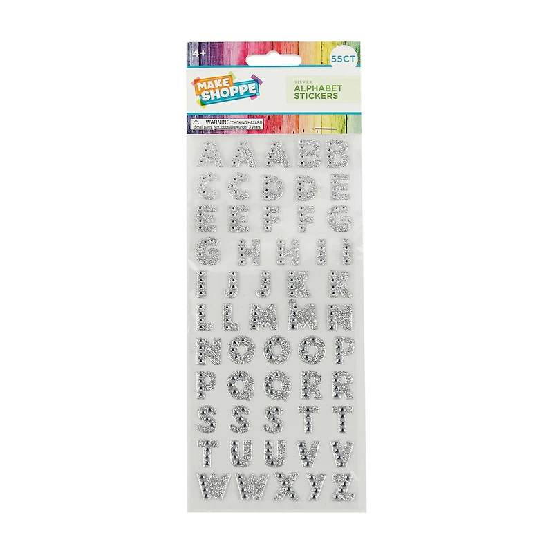 Make Shoppe Alphabet Gemstone Sticker, Silver, 55 Count