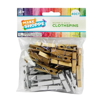 Make Shoppe Wood Clothespins 1.37'', Silver Gold, 40 Count
