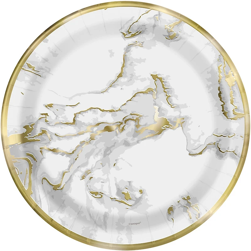 9" Foil Gold Marble Paper Plates, 10 Count