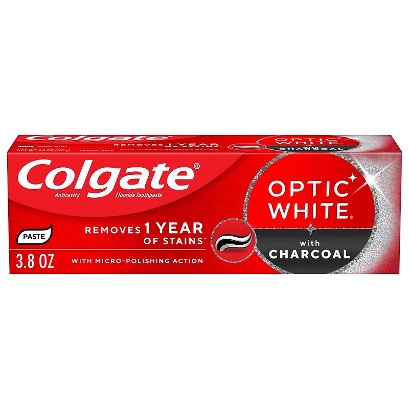 Colgate Optic White with Charcoal Teeth Whitening Toothpaste, Anticavity Toothpaste with Fluoride, Cool Mint Flavor, 3.8 oz