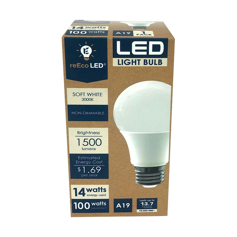reEco LED Soft White A19 Light Bulb, 100W Replacement, 1 Pack